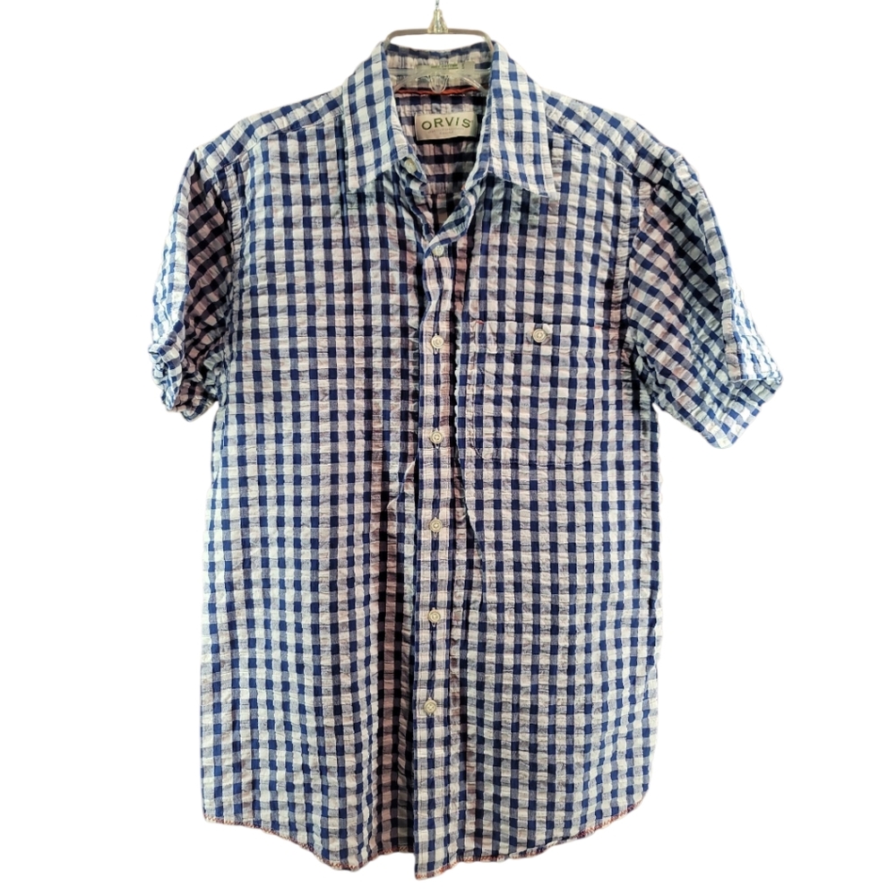 Orvis shirt mens short sleeve M Blue and White Checkered Seersucker cotton